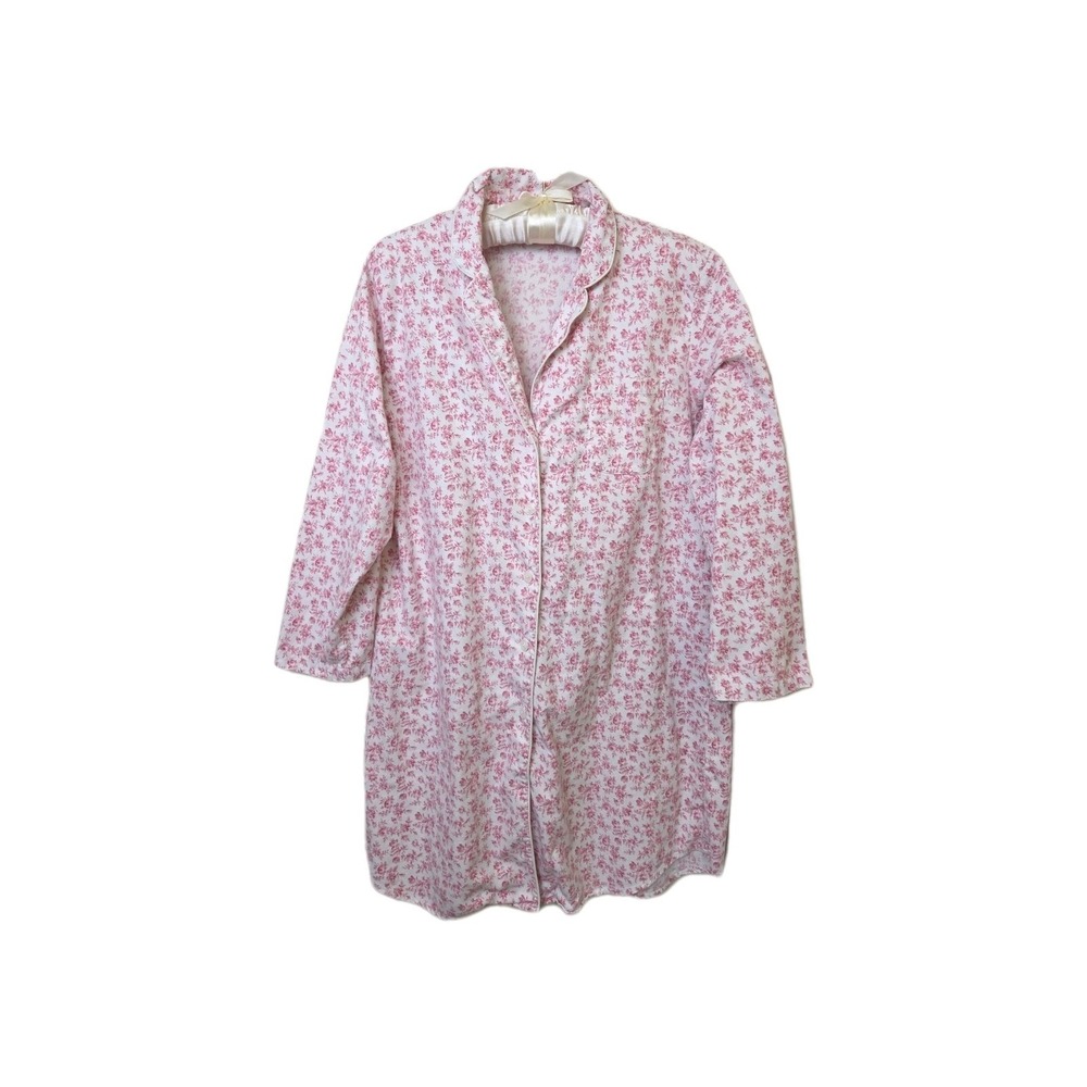 LL Bean Y2K Floral Pink Rose Toile Flannel Sleep Dress Robe Nightgown Size L